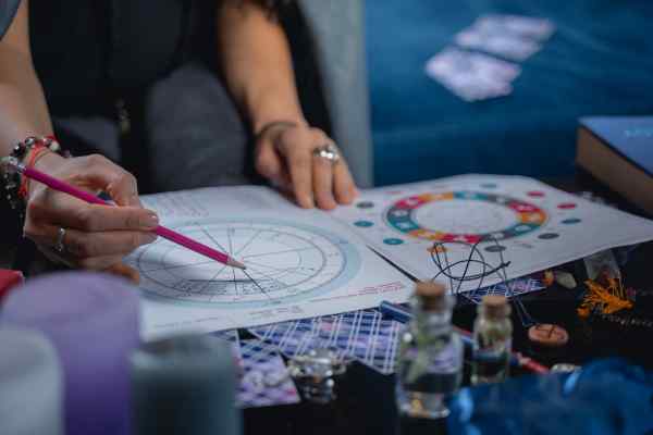 a lady holding a pencil creating an astrology chart