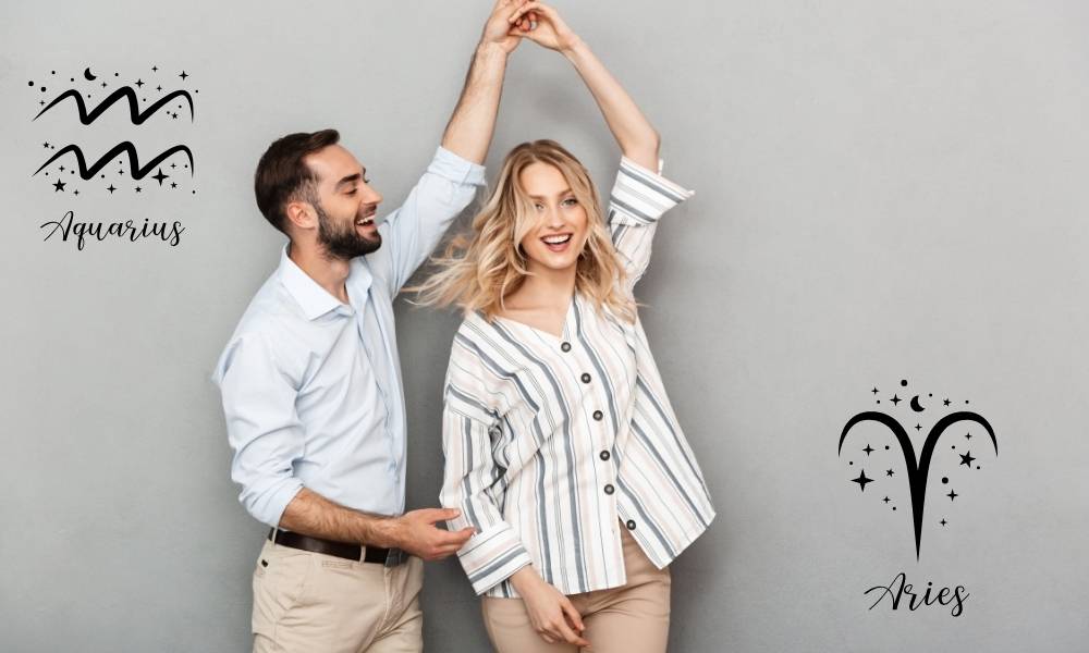 a couple dancing with the lady turning under the mans arm. Aries and Aquarius